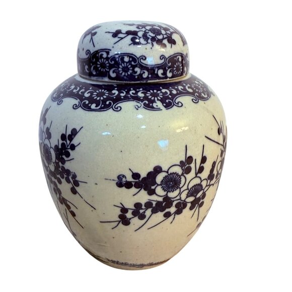 Japanese Ceramic Ginger Jar Pottery Lid VTG Blue Floral Cherry Blossom Storage - Picture 3 of 14